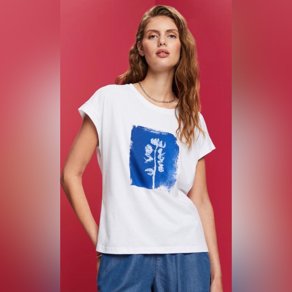 ESPRIT Relax Blue Print  White Cotton T-Shirt, Size Medium